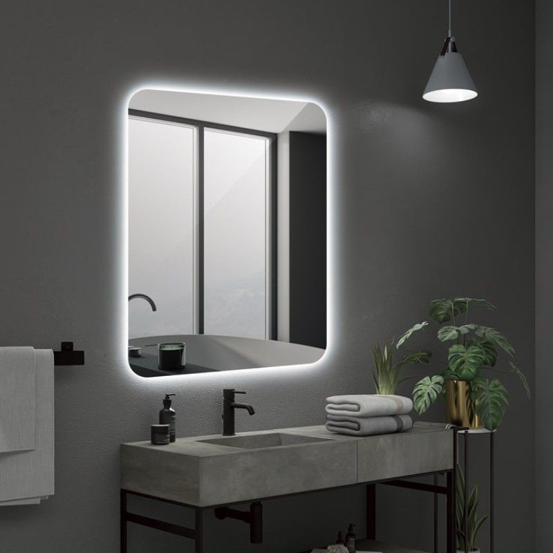 Espejo baño cuadrado cantos redondeados luz frontal Austria –  Lavabosconestilo